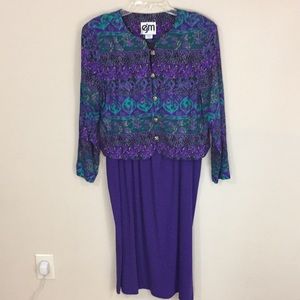 Vintage EJM 80s Purple and Green MIDI Dress with Jacket Size 10 Made in USA